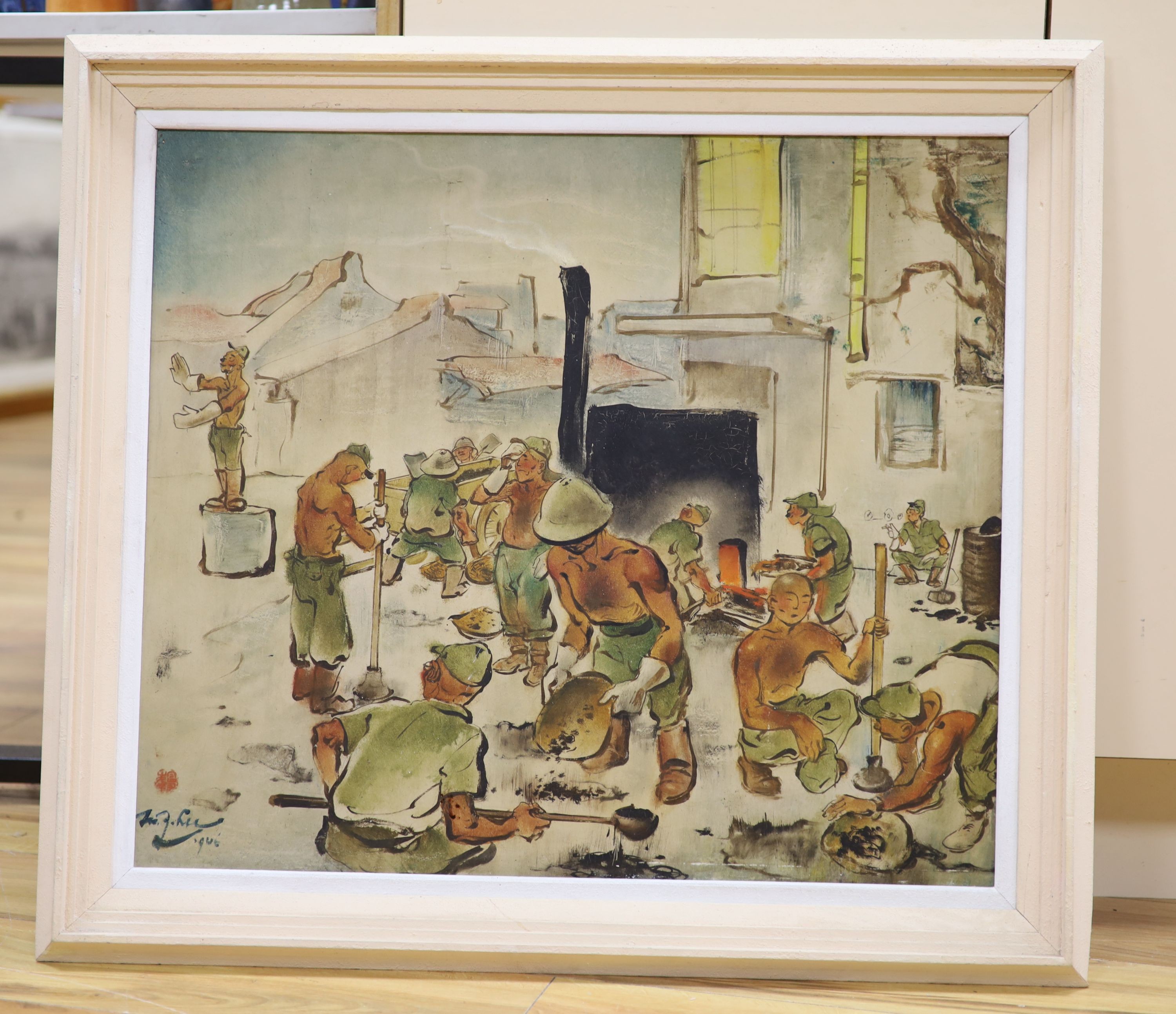 M.J. Lee, mixed media on board, Japanese Prisoners of War, signed and dated 1946, 58 x 66cm